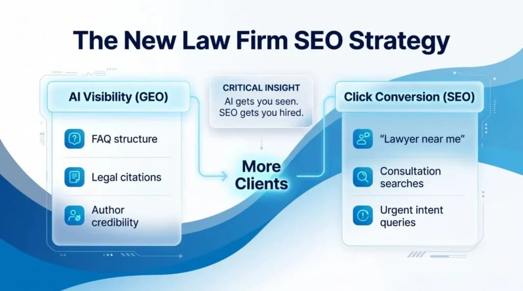Infographic titled 'The New Law Firm SEO Strategy' with two sections: 'AI Visibility (GEO)' for enhancing FAQ, legal citations, and author credibility; 'Click Conversion (SEO)' for targeting 'lawyer near me', consultations, and urgent queries. Central text states 'More Clients'.