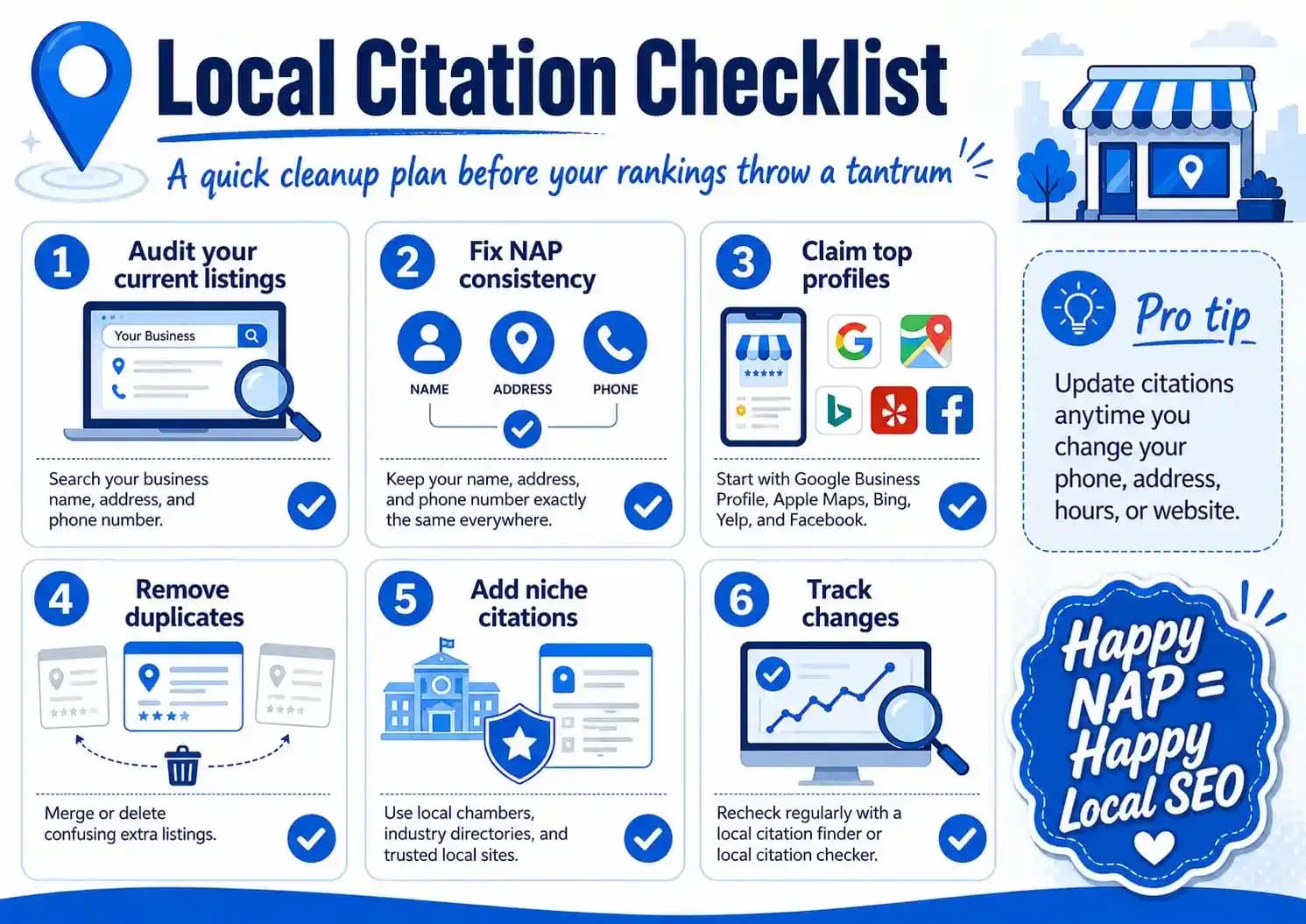 Blue-and-white "Local Citation Checklist" infographic showing six steps: audit listings, fix NAP consistency, claim top profiles, remove duplicates, add niche citations, and track changes, with a pro tip to update citations whenever business details change.