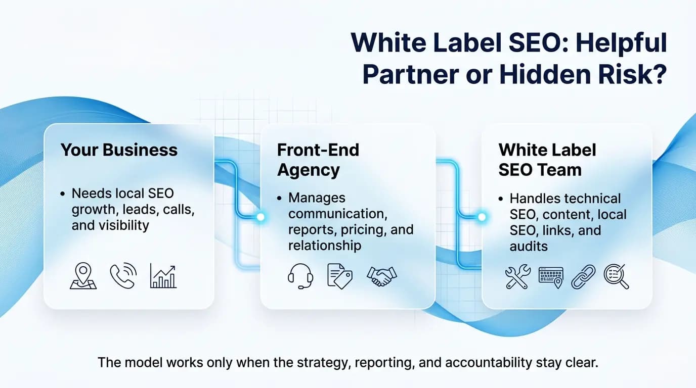 Infographic titled 'White Label SEO: Helpful Partner or Hidden Risk?' illustrating three roles: Your Business, Front-End Agency, and White Label SEO Team, each with specific responsibilities in local SEO management.
